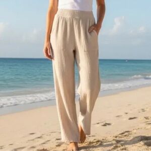NWOT Magaschoni Beige Organic Cotton Wide-Leg Pants. Size S